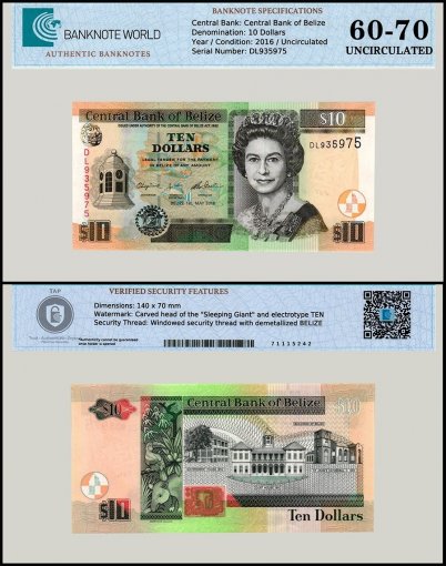 Belize 10 Dollars Banknote, 2016, P-68e, UNC, TAP 60-70 Authenticated