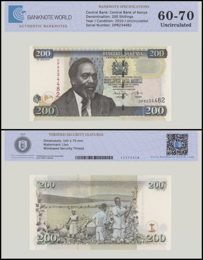 Kenya 200 Shillings Banknote, 2010, P-49e, UNC, TAP 60-70 Authenticated
