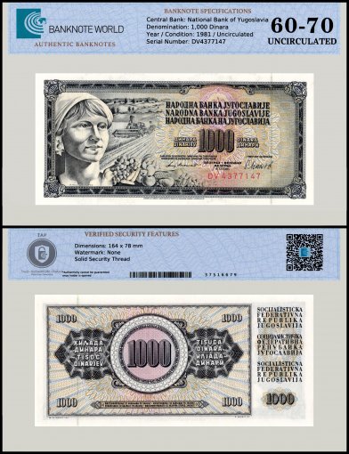 Yugoslavia 1,000 Dinara Banknote, 1981, P-92d, UNC, TAP 60-70 Authenticated