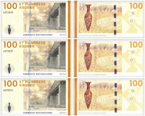 Denmark 100 Kroner 3 Pieces Banknote Set, 2015, P-66d.2, UNC, Matching Batch #3151, Matching Serial #427257