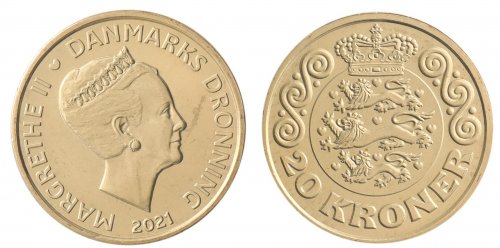 Denmark 20 Kroner Coin, 2021, KM #955, Mint, Margrethe II, Coat of Arms