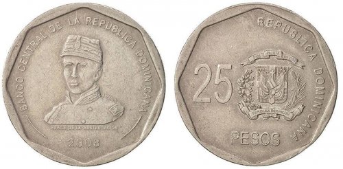 Dominican Republic 25 Pesos 8.56g Copper/Nickel Coin, 2008, KM # 107, Mint, Luperon