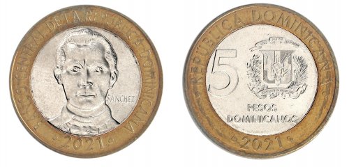 Dominican Republic 5 Pesos Dominicanos Coin, 2021, KM #125, XF-Extremely Fine, Francisco del Rosario Sanchez, Coat of Arms