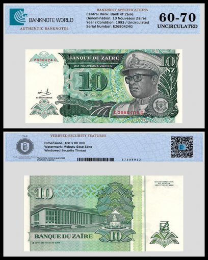 Zaire 10 Nouveaux Zaires Banknote, 1993, P-55, UNC, TAP 60-70 Authenticated