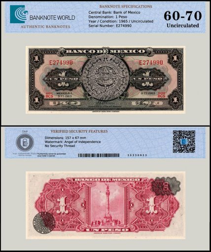 Mexico 1 Peso Banknote, 1965, P-59i.1, UNC, Series BCS, TAP 60-70 Authenticated