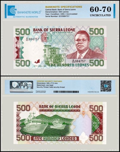 Sierra Leone 500 Leones Banknote, 1991, P-19, UNC, TAP 60-70 Authenticated