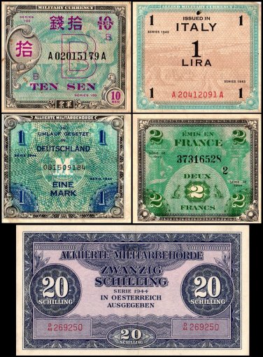 Fall of Axis: A Collection of Allied Military Currency 10 Sen - 20 Schilling 5 Pieces Banknote Set, w/ COA