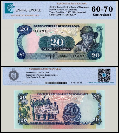 Nicaragua 20 Cordobas Banknote, 1985, P-152, UNC, Series FB, TAP 60-70 Authenticated