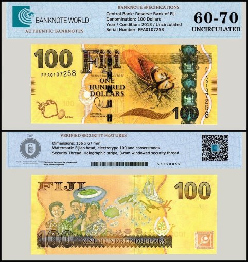 Fiji 100 Dollars Banknote, 2013 ND, P-119, UNC, TAP 60-70 Authenticated