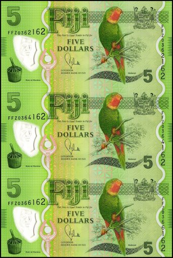 Fiji 5 Dollars Banknote, 2012 ND, P-115a.1, UNC, Polymer, 3 Pieces Uncut Sheet