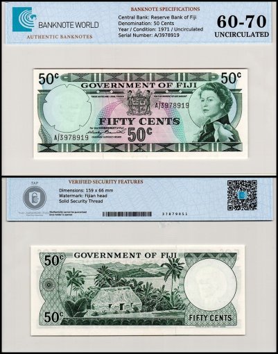Fiji 50 Cents Banknote, 1971 ND, P-64a, UNC, TAP 60-70 Authenticated