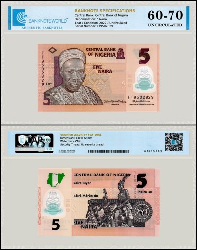Nigeria 5 Naira Banknote, 2022, P-38m, UNC, Polymer, TAP 60-70 Authenticated