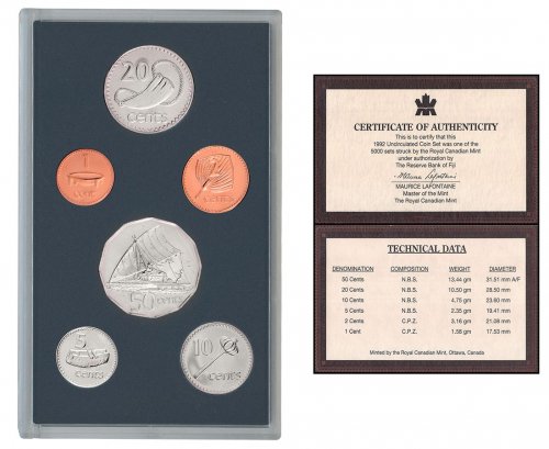 Fiji 1 Cent-50 Cents 6 Pieces Coin Set, 1992, KM #49a-54a, In Acrylic Holder w/COA, Mint