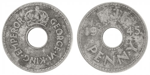 Fiji 1 Penny Coin, 1945, KM #7, F-Fine