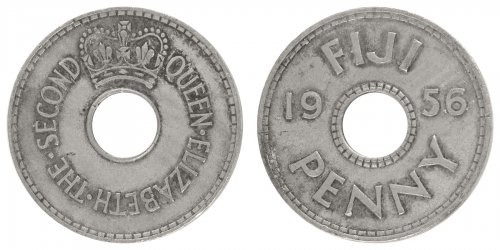 Fiji 1 Penny Coin, 1956, KM #21, F-Fine, Queen Elizabeth II