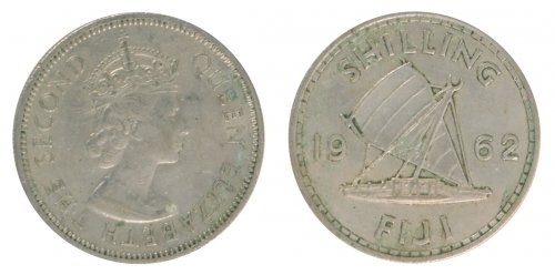 Fiji 1 Shilling Coin, 1962, KM #23, XF-Extremely Fine, Queen Elizabeth II, Boat