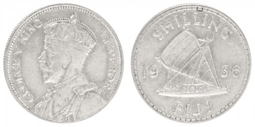 Fiji 1 shilling Silver Coin, 1936, KM #4, Mint, King George V, Boat