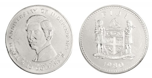 Fiji 10 Dollars Silver Coin, 1980, KM #46a, Mint, Commemorative, Prince Charles, Coat of Arms