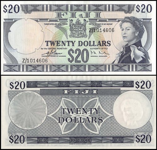 Fiji 20 Dollars Banknote, 1974, P-75a, UNC, Replacement, Queen Elizabeth, Signature D. J. Barnes and I. A. Craik