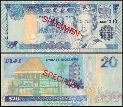 Fiji 20 Dollars Banknote, 2002 ND, P-107s, UNC, Specimen