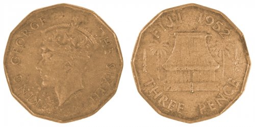Fiji 3 Pence Coin, 1952, KM #18, VF-Very Fine, King George VI, Hut