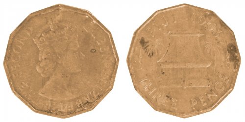 Fiji 3 Pence Coin, 1963, KM #22, VF-Very Fine, Queen Elizabeth II, Hut