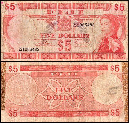 Fiji 5 Dollars Banknote, 1974 ND, P-73bz, Used, Replacement