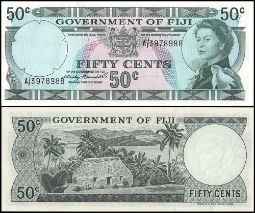 Fiji 50 Cents Banknote, 1971, P-64a, UNC, Queen Elizabeth, Signature Wesley Barret, Thatched House