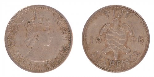Fiji 6 Pence Coin, 1958, KM #19, F-Fine, Queen Elizabeth II, Turtle
