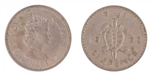 Fiji 6 Pence Coin, 1962, KM #19, VF-Very Fine, Queen Elizabeth II, Turtle