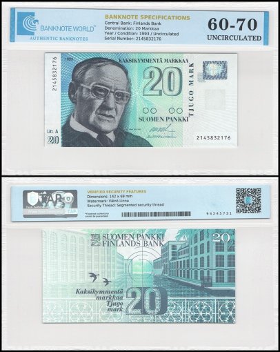 Finland 20 Markkaa Banknote, 1993, P-123a.4, UNC, TAP 60-70 Authenticated