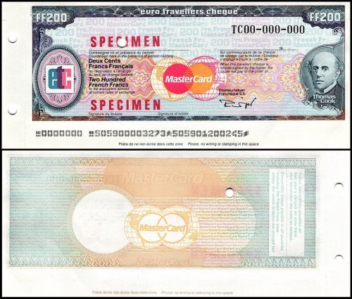 France MasterCard Euro Travelers Cheque 200 Francs, 1980, UNC, Specimen