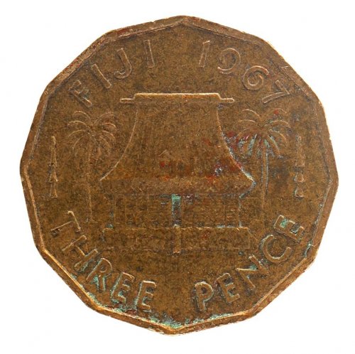 Fiji 3 Pence Coin, 1963, KM #22, XF-Extremely Fine, Queen Elizabeth II, Hut