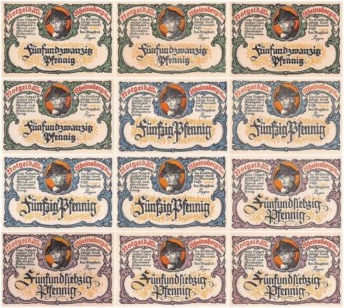 Rheinsberg 25 - 75 Pfennig 12 Pieces Notgeld Set, Mehl #1120.4b, UNC
