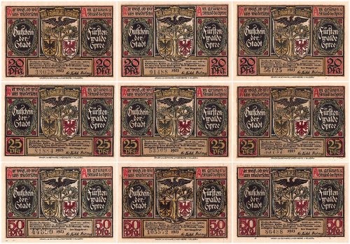 Fuerstenwalde 20-50 Pfennig 9 Pieces Notgeld Set, 1921, Mehl #403.1a, UNC