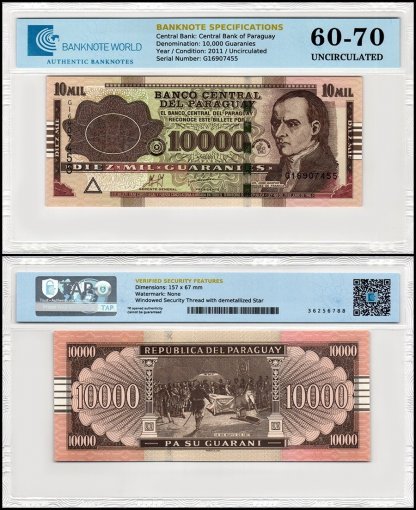 Paraguay 10,000 Guaranies Banknote, 2011, P-224e, UNC, Series G, TAP 60-70 Authenticated