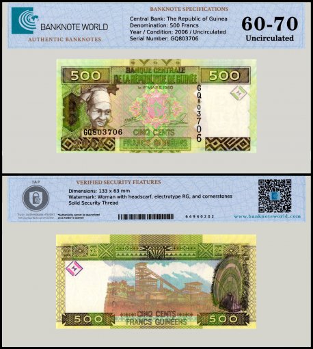 Guinea 500 Francs Banknote, 2006, P-39a, UNC, TAP 60-70 Authenticated