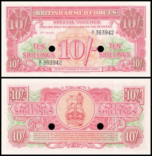 Great Britain - British Armed Forces 10 Shillings Banknote, 1956 ND, P-M28b, UNC, Cancelled Remainder