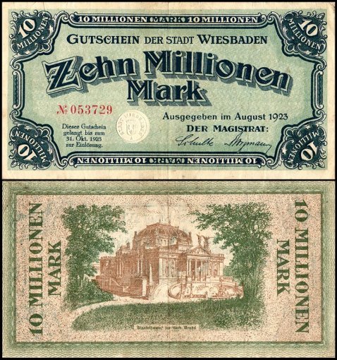 Wiesbaden 10 Millionen - Million Mark Notgeld, 1923, Keller #5611a, Used