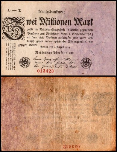 Germany 2 Millionen - Million Mark Banknote, 1923, P-103a.2, Used, Series T