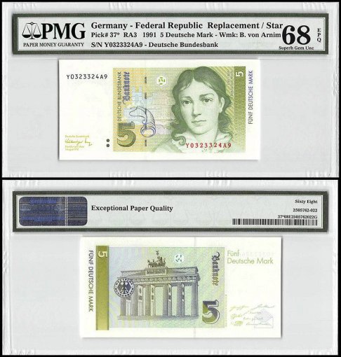 Germany 5 Deutsche Mark, 1991, P-37, Replacement/Star, PMG 68