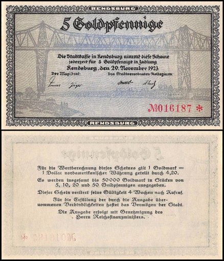 Germany 5 Goldpfennig Banknote, 1923, UNC