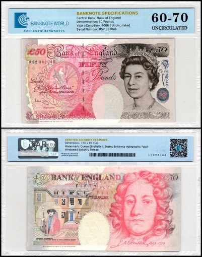 Great Britain 50 Pounds Banknote, 2006, P-388c, UNC, TAP 60-70 Authenticated