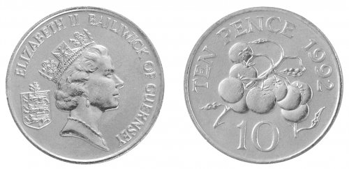 Guernsey 10 Pence 6.5g Copper Nickel Coin, 1992, KM # 43, Mint, Queen Elizabeth II, Tomatos