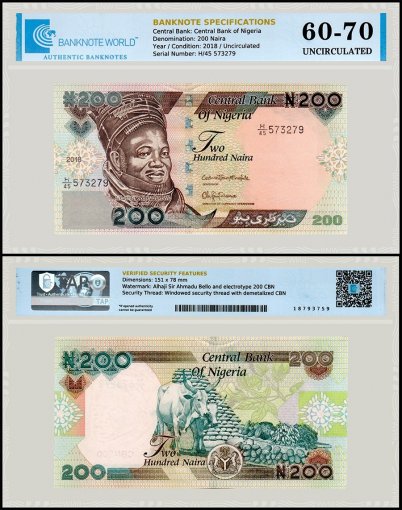 Nigeria 200 Naira Banknote, 2018, P-29r, UNC, TAP 60-70 Authenticated
