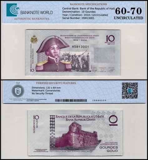 Haiti 10 Gourdes Banknote, 2010, P-272d, UNC, Commemorative, TAP 60-70 Authenticated