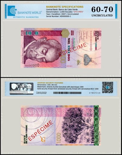 Cape Verde 1,000 Escudos Banknote, 2007, P-70s, UNC, Specimen, TAP 60-70 Authenticated