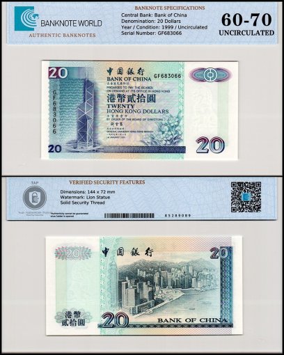 Hong Kong 20 Dollars Banknote, 1999, P-329e, UNC, TAP 60-70 Authenticated