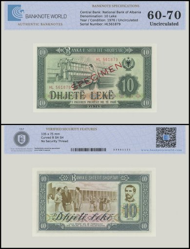 Albania 10 Leke Banknote, 1976, P-43s2, UNC, Specimen, TAP 60-70 Authenticated