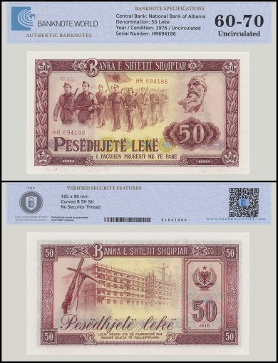 Albania 50 Leke Banknote, 1976, P-45a, UNC, TAP 60-70 Authenticated